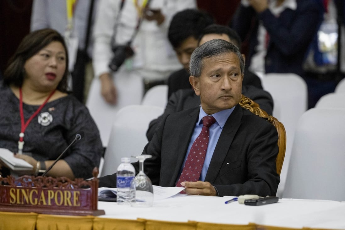 Singapore's Foreign Minister Vivian Balakrishnan, right, said he hoped Myanmar President Win Myint and civilian leader Aung San Suu Kyi would be released from detention. Photo: AP