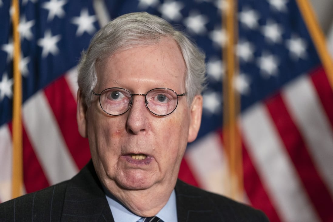 Senate Minority Leader Mitch McConnell speaks to reporters following a Republican Party event on Capitol Hill on February 2. Photo: AP