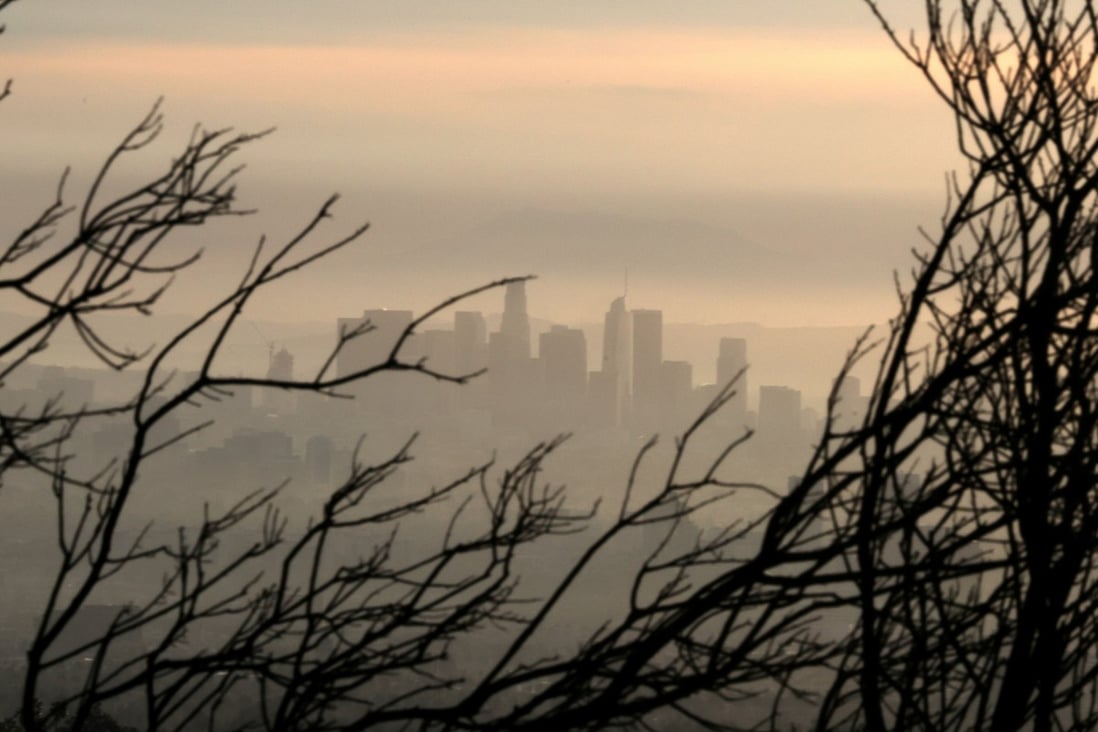 FILE PHOTO: Downtown Los Angeles is seen behind a tree burned by wildfire before expected heavy rains due to climate change. Photo: Reuters