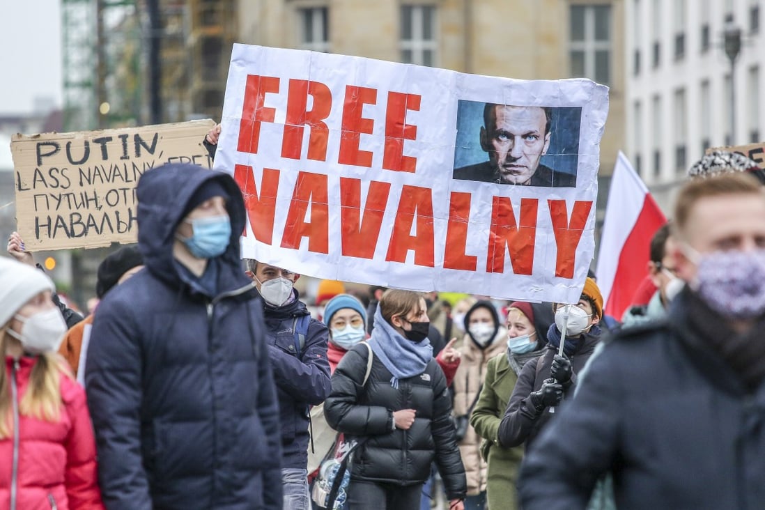 Protesters at a rally in support of Russian opposition politician Alexei Navalny in Berlin. Photo: TNS