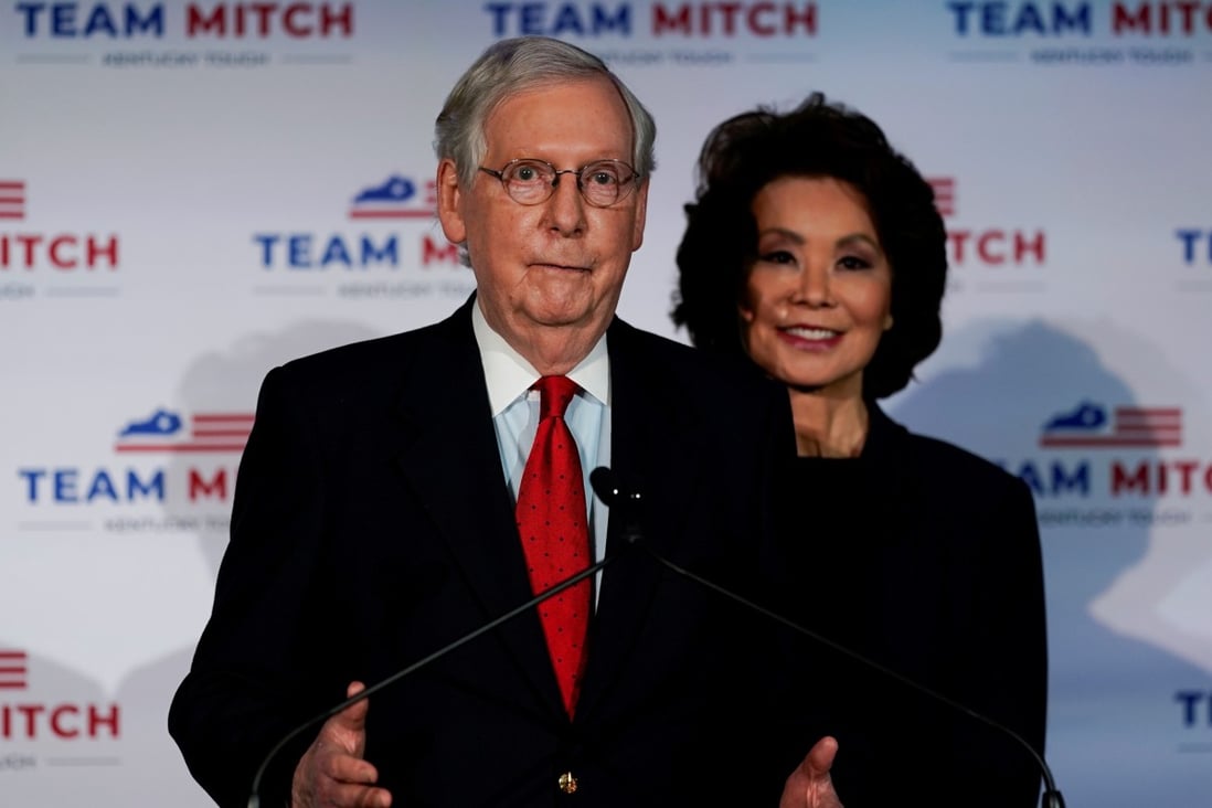 Mitch McConnell and his wife, Elaine Chao, in Louisville, Kentucky on November 3, 2020. Photo: Reuters