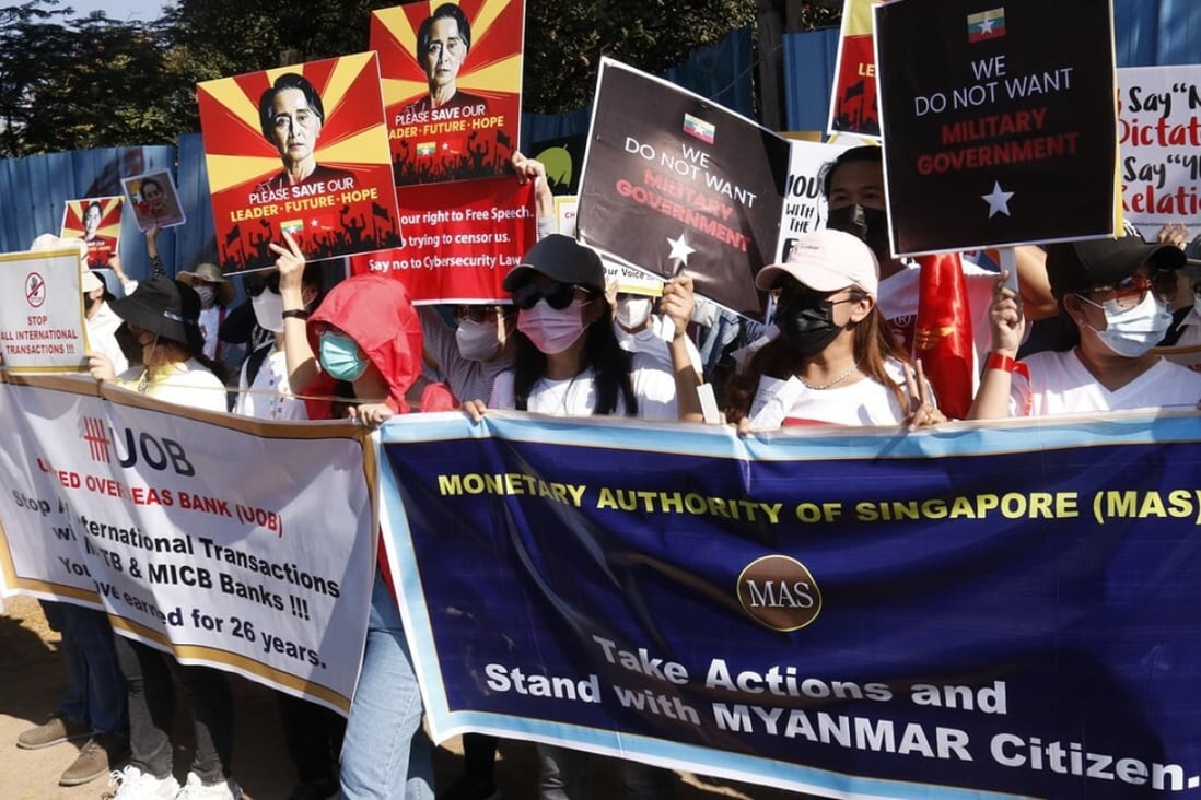 Protesters gathered outside Singapore’s embassy in Yangon on February 13. Photo: RFA Burmese
