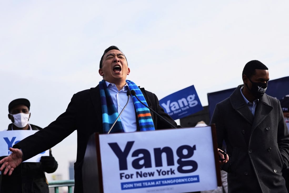 Mayoral candidate Andrew Yang screams as he prepares to speak at a press conference on January 14 in New York City. Photo: AFP
