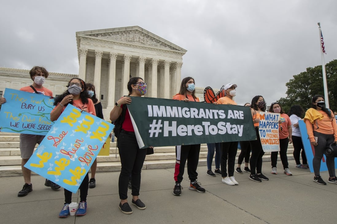Deferred Action for Childhood Arrivals students celebrate in front of the Supreme Court after President Donald Trump’s effort to end legal protections for young immigrants was rejected in June 2020. Photo: AP