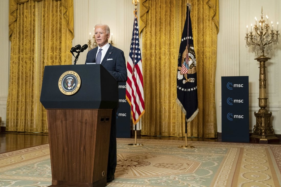 US President Joe Biden speaks while addressing the virtual Munich Security Conference in the East Room of the White House in Washington on Friday. Photo: Bloomberg