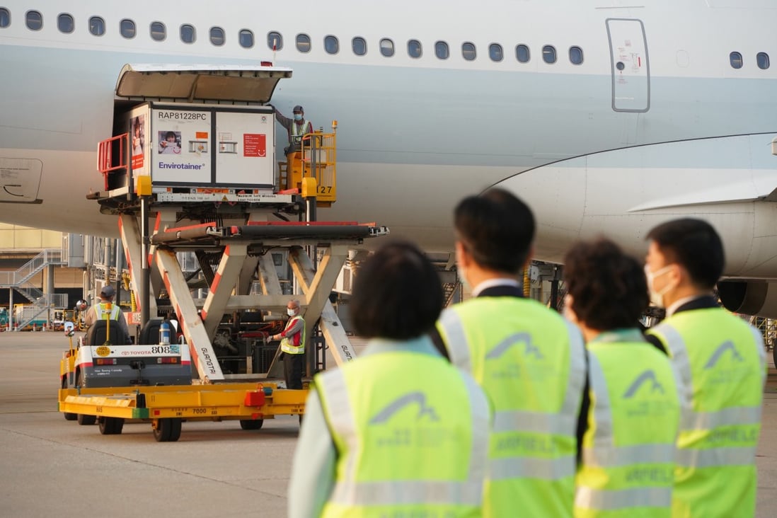 A Cathay Pacific flight lands in Hong Kong with the first 1 million doses of Covid-19 vaccine for the city’s vaccination programme. Photo: Handout