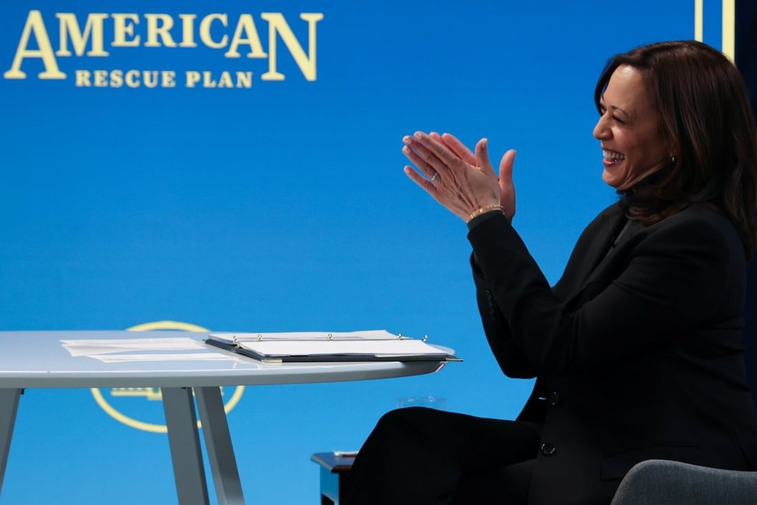 US Vice-President Kamala Harris hosts a virtual town hall on the US$1.9 trillion American Rescue Plan at the White House on February 18. Government aid is needed but, dangerously, coincides with a growing acceptance of “magic money”. Photo: Reuters