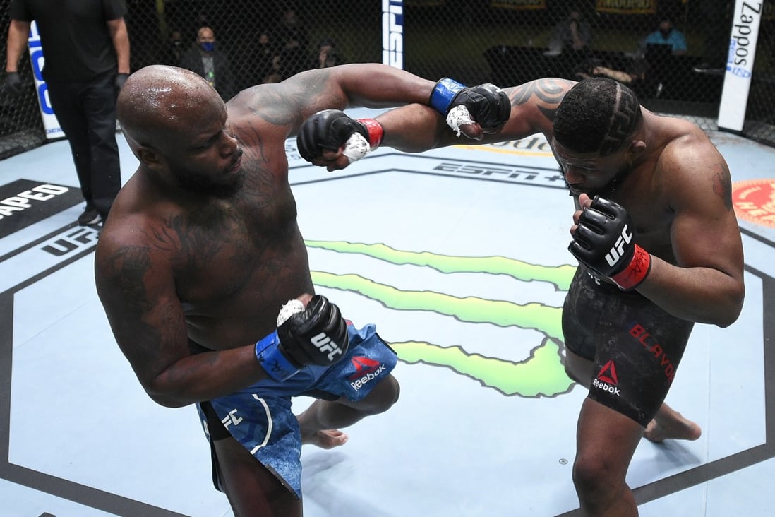 Derrick Lewis and Curtis Blaydes trade punches in their heavyweight main event during UFC Fight Night event at UFC Apex on February 20, 2021 in Las Vegas, Nevada. Photos: Chris Unger/Zuffa LLC
