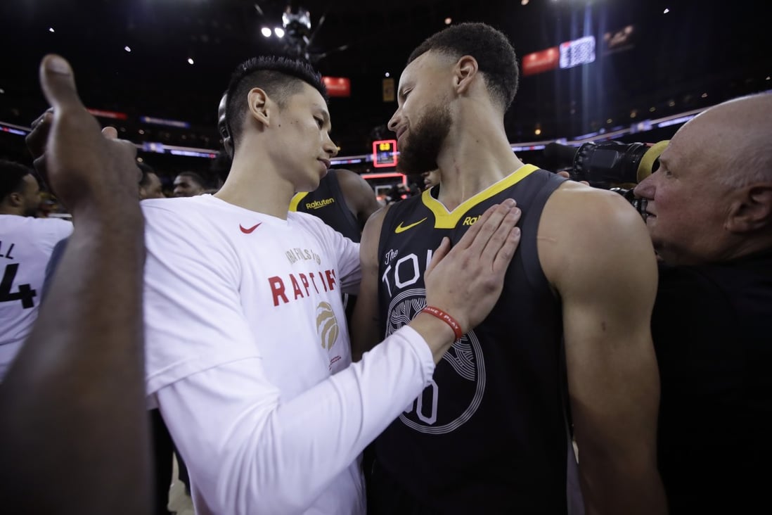 Toronto Raptors guard Jeremy Lin greets Golden State Warriors guard Stephen Curry after the 2019 NBA Finals. Lin has not played in the NBA since. Photo: AP