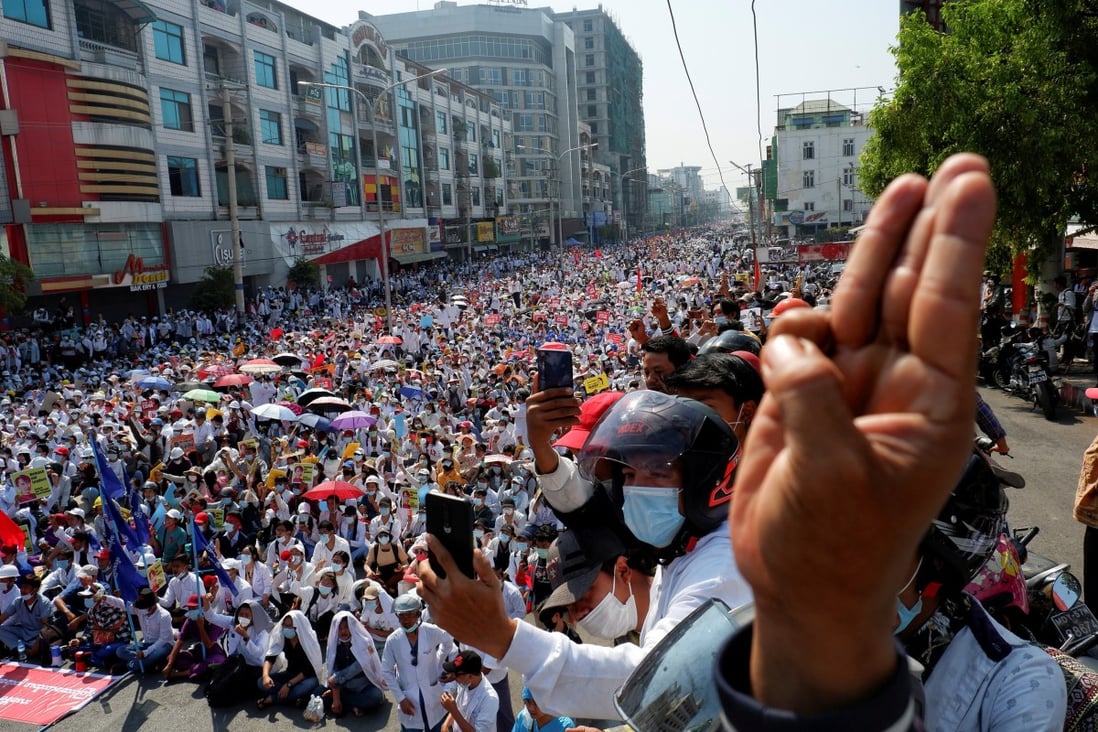 A February 22 protest in Mandalay, Myanmar, against the military coup. Photo: Reuters