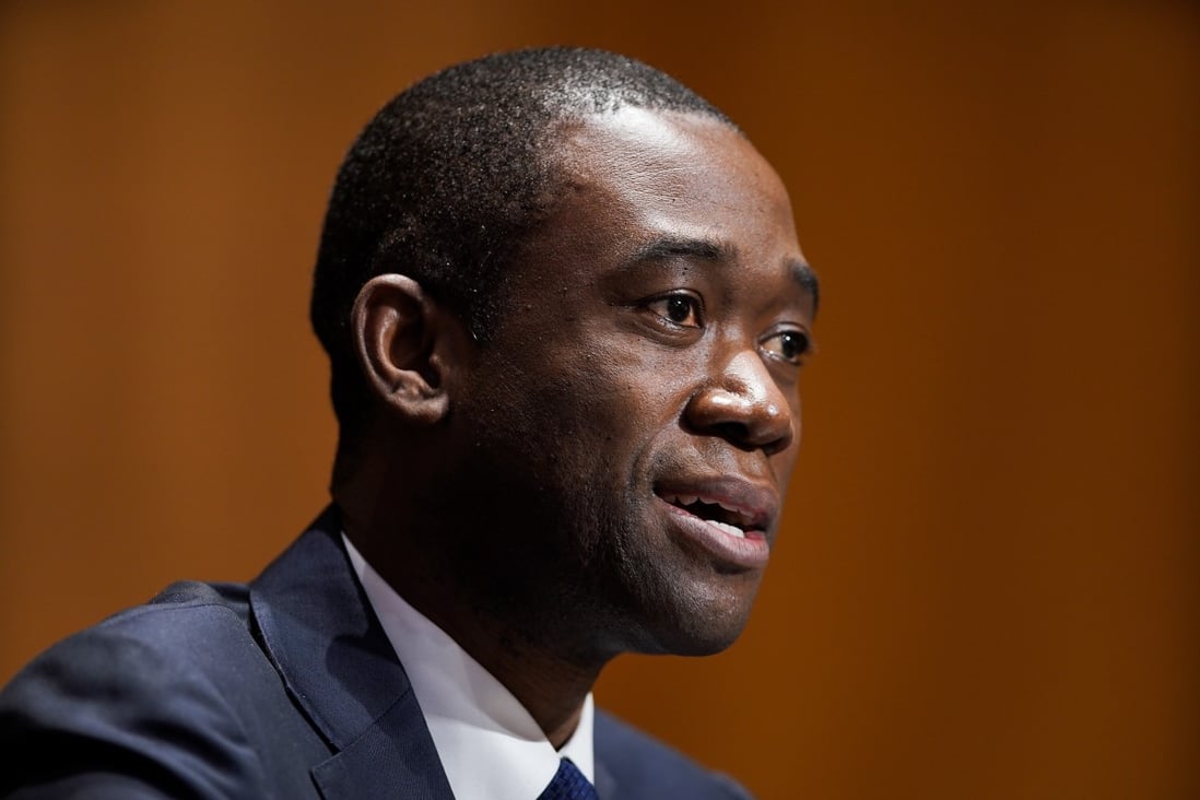 Wally Adeyemo answers questions during his Senate Finance Committee nomination hearing in Washington on Tuesday to be the next US deputy treasury secretary. Photo: EPA-EFE