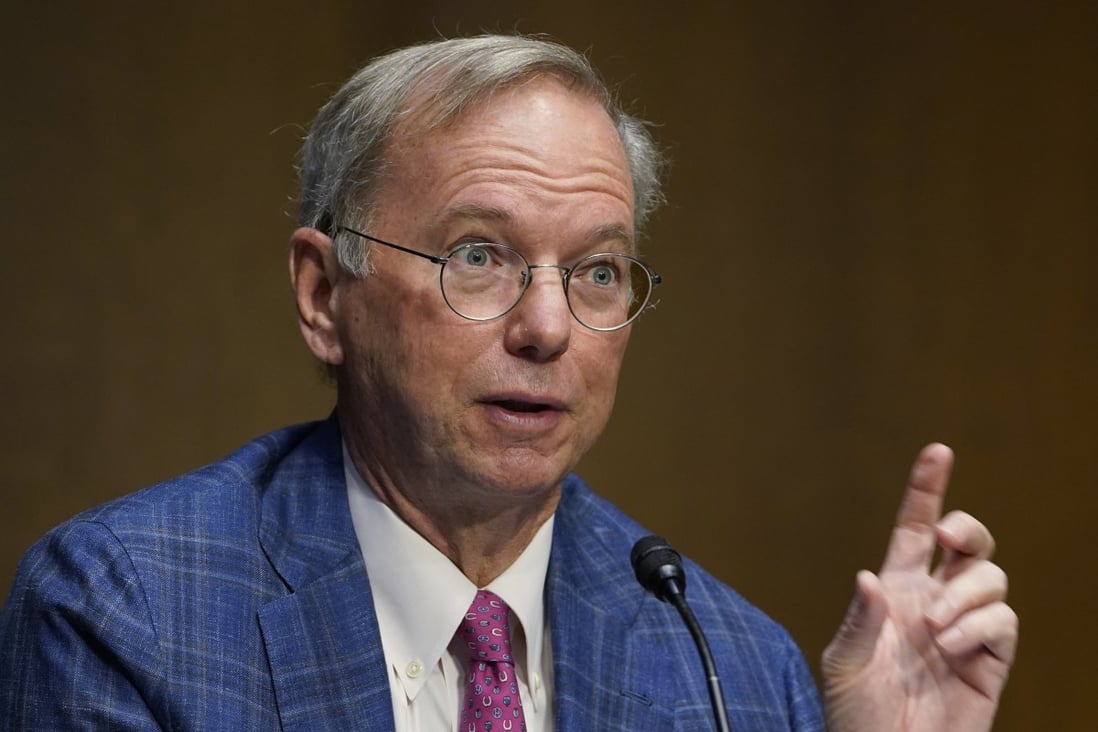 Eric Schmidt speaks on Capitol Hill in Washington on Tuesday during a hearing on emerging technologies and their impact on national security. Photo: AP