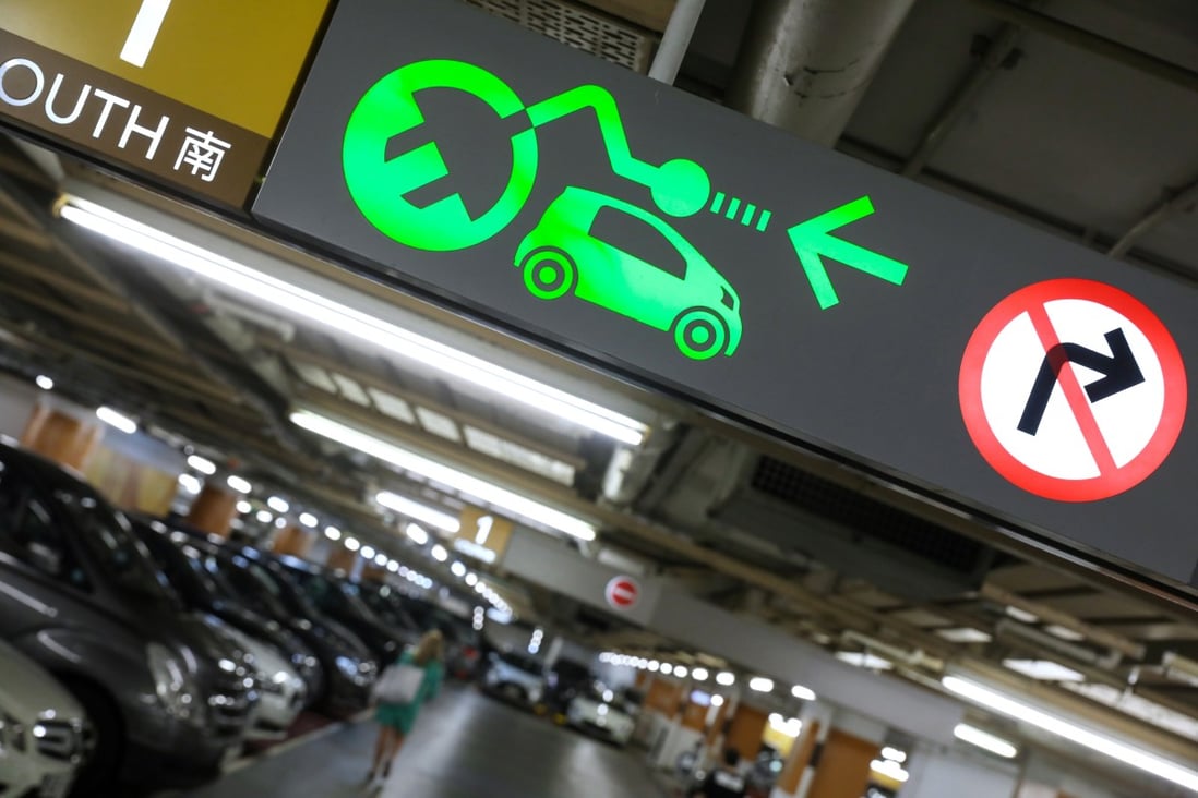 An electric vehicle charging facility inside the car park of the Elements shopping mall in West Kowloon. Photo: Nora Tam