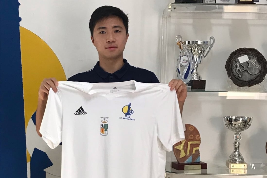 Hong Kong-raised footballer Marcus Choy with his CD Maspalomas shirt in Canary Islands, Spain. Photos: Handout
