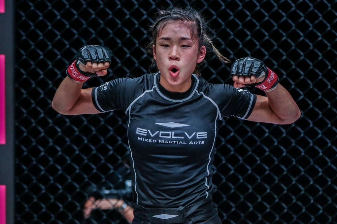 Victoria Lee celebrates after her second-round submission win vs Sunisa Srisen at ONE: Fists of Fury in Singapore. Photo: ONE Championship