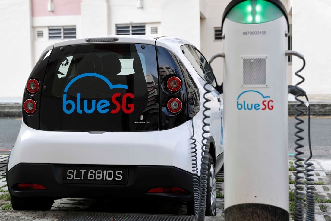 A BlueSG electric car-sharing vehicle at a charging station in Singapore. Photo: Reuters
