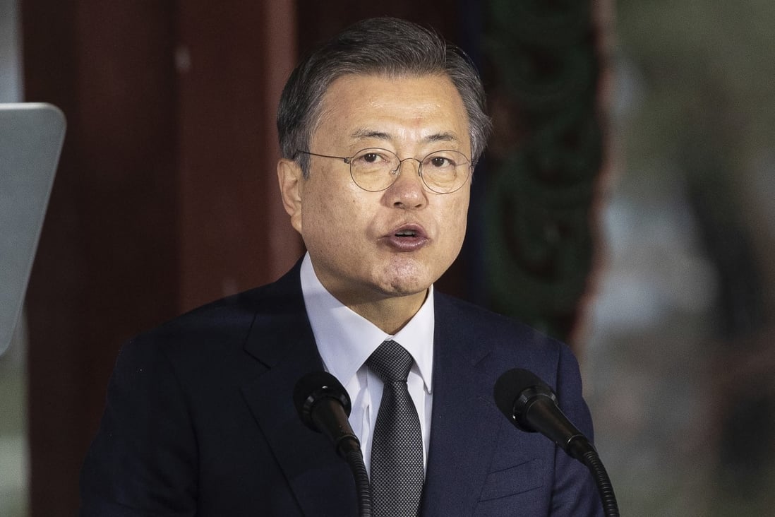 South Korean President Moon Jae-in speaks during a ceremony to mark the 1919 uprising against Japanese colonial rule, saying Seoul is always ready to sit down for talks with Tokyo on resolving issues of the past. Photo: AP