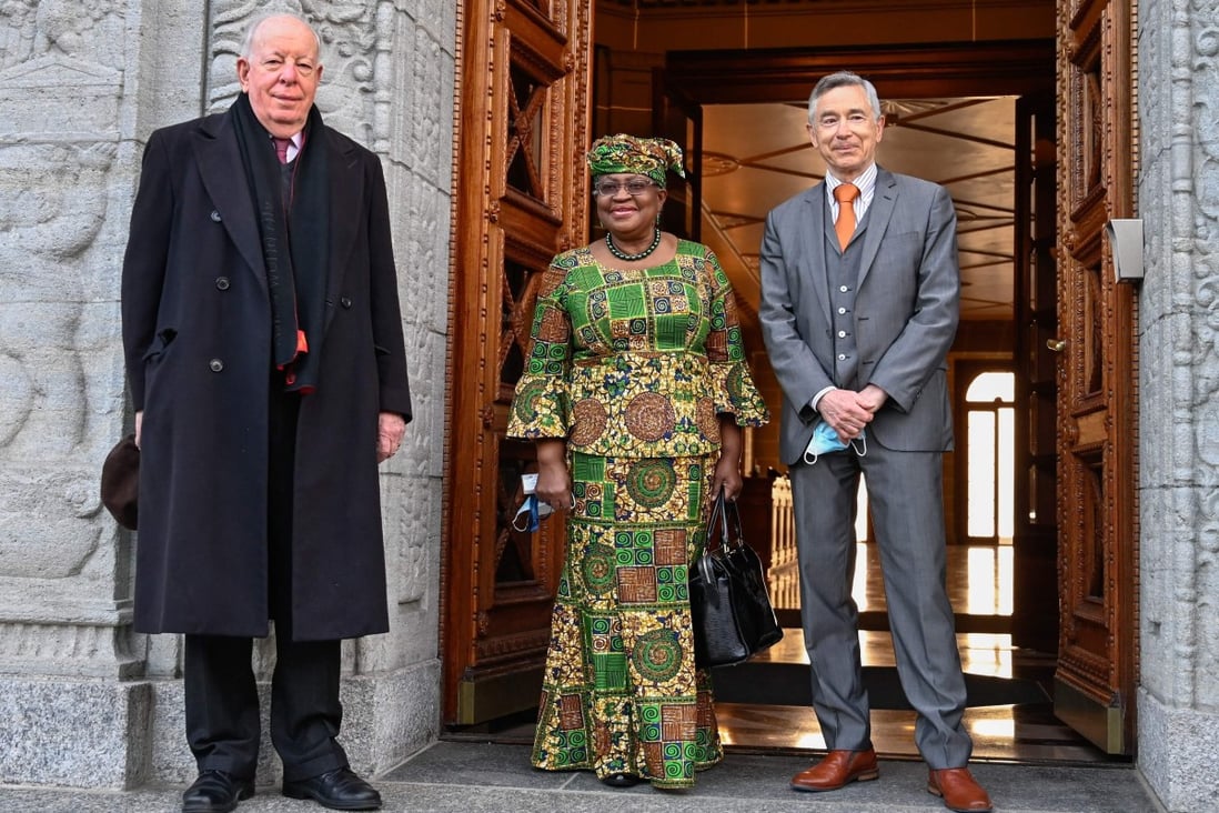 Ngozi Okonjo-Iweala with World Trade Organization (WTO) deputy directors general Alan Wolff (left) and Karl Brauner in Geneva on Monday. Photo: AFP