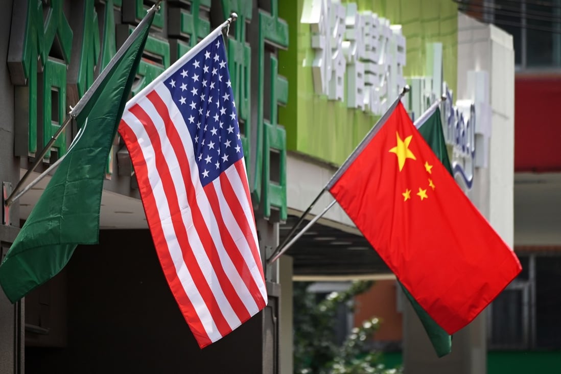 The US and Chinese flags outside a hotel in Beijing. Photo: AFP