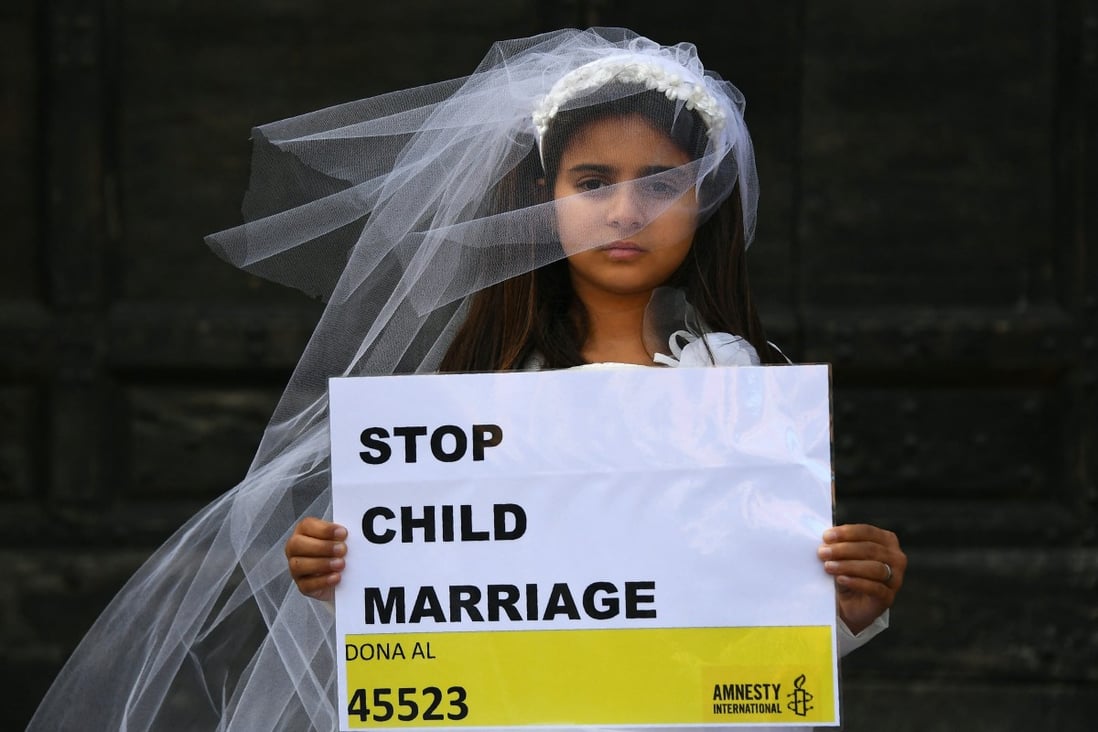 A 10-year-old actress plays the role of a girl forced into marriage for an Amnesty International campaign. Photo: AFP