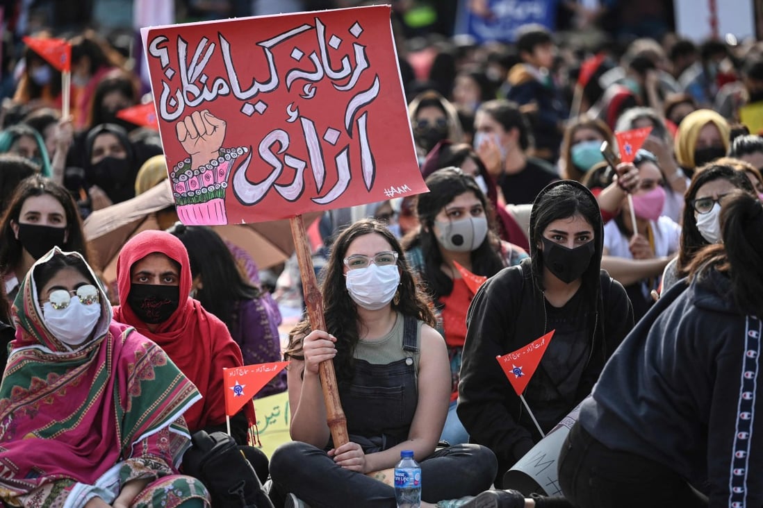 Woman at the Aurat March in Islamabad mark International Women's Day. Photo: AFP
