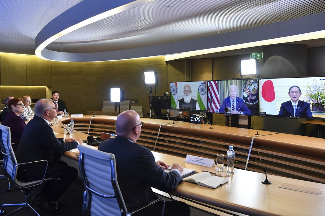 Australia's Prime Minister Scott Morrison, third left, speaks to his counterparts. Photo: AP
