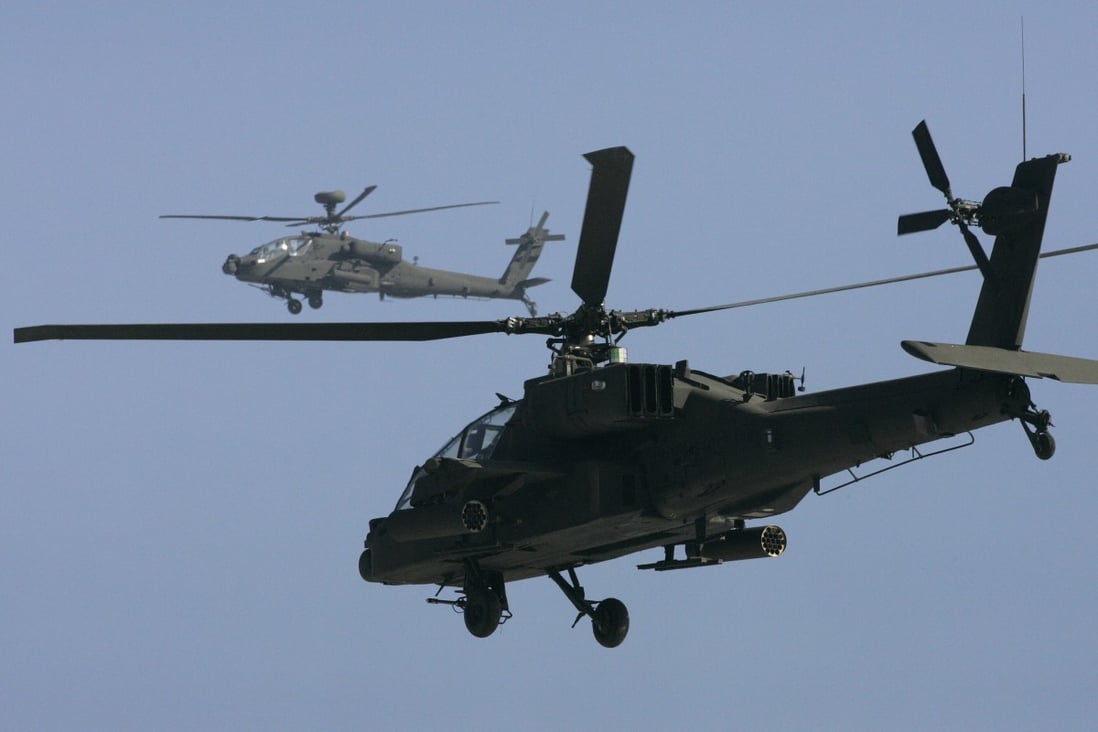 US Army Apache attack helicopters. More than a third of the global arms sold worldwide during the past five years originated in the United States. File photo: Reuters