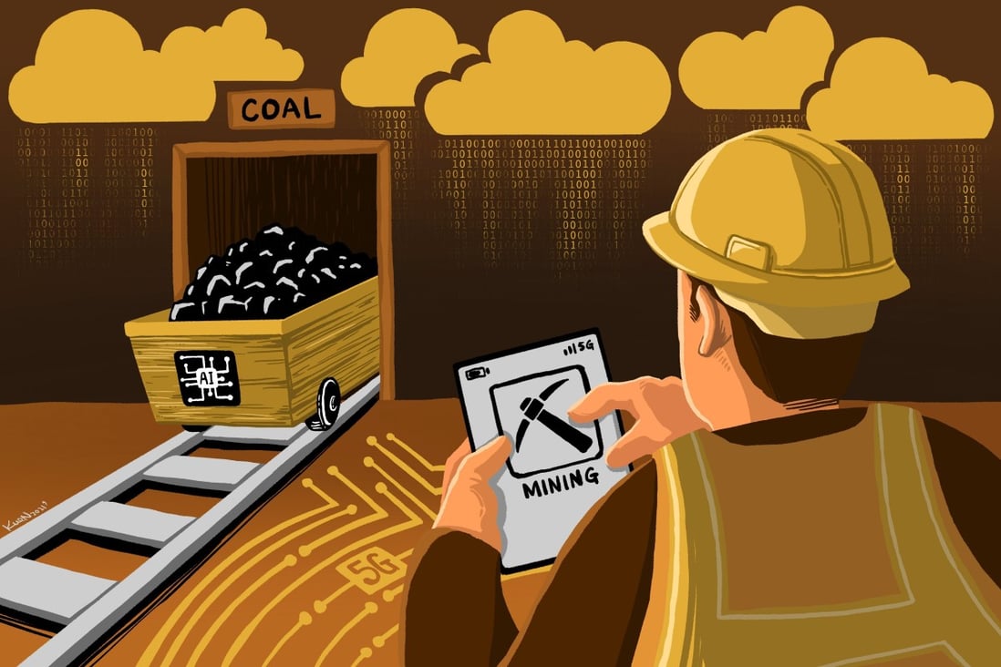 China’s coal mining industry, long known for dirty and dangerous working conditions, is set for a massive digital transformation, as Big Tech companies push the adoption of automation with key technologies such as 5G, cloud computing, artificial intelligence and Internet of Things. Illustration by Lau Ka-kuen