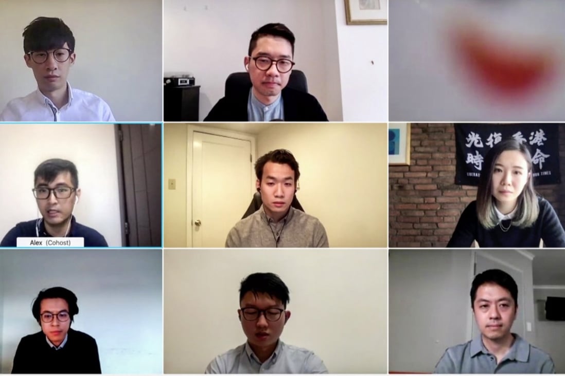 Screen capture of a video session in which seven activists – Nathan Law, Sunny Cheung, Ted Hui, Brian Leung, Glacier Kwong, Ray Wong Toi-yeung and Baggio Leung – launch the ‘2021 Hong Kong Charter’. Photo: Stand News