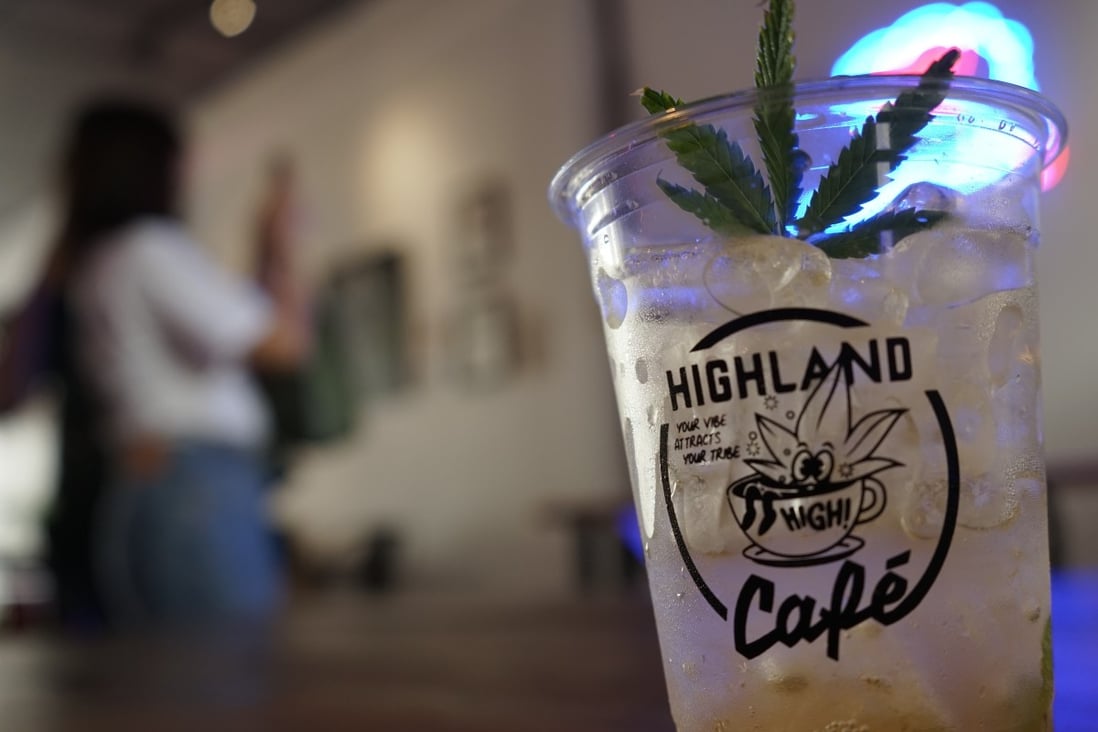 A signature drink garnished with an artificial weed leaf from Highland Café. Photo: Vijitra Duangdee