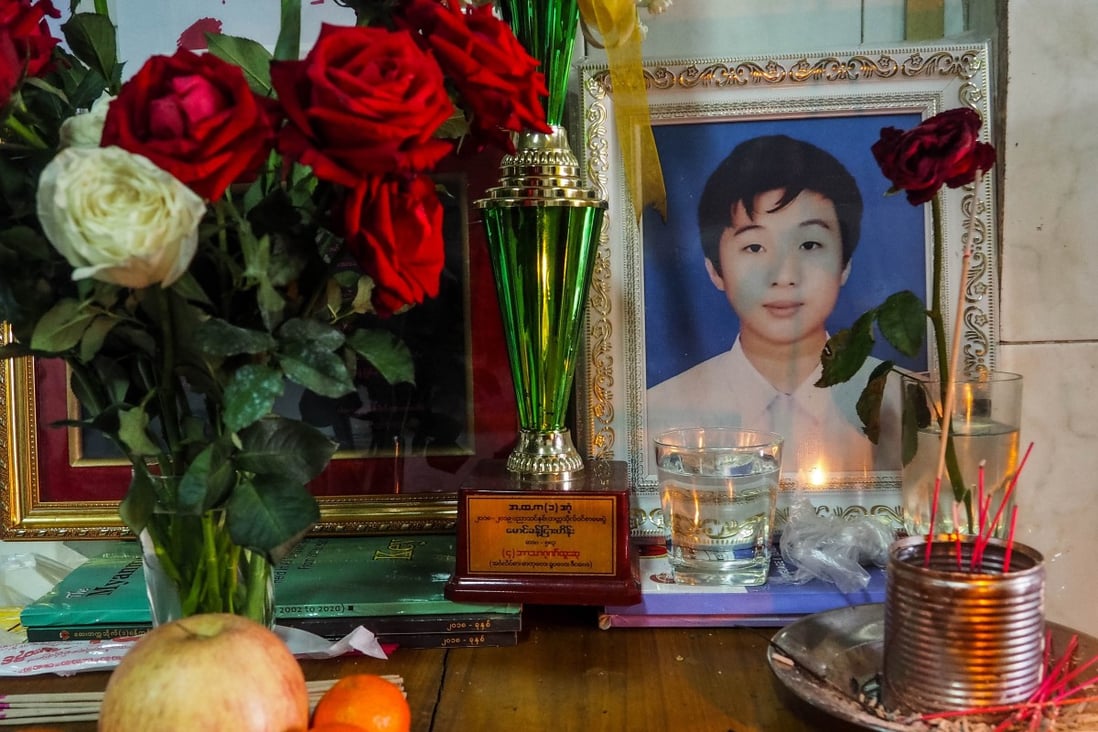A shrine to 17-year-old Myanmar protester Khant Nyar Hein, who was killed by security forces. Photo: Min Ye Kyaw