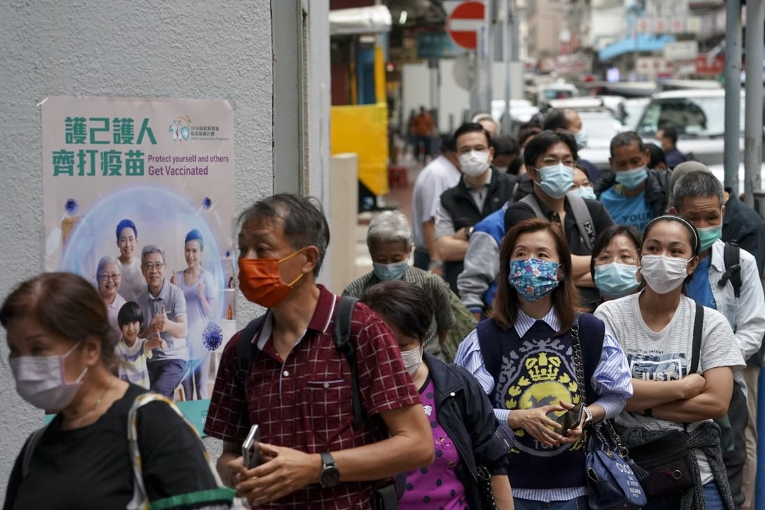 People queue up to be vaccinated at Kwun Chung Market in Hong Kong’s Jordan area. Photo: Felix Wong