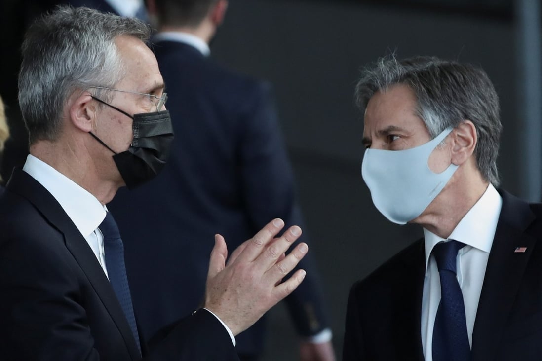 Nato Secretary General Jens Stoltenberg (left) and US Secretary of State Antony Blinken confer after a meeting in Brussels on Tuesday. Photo: Reuters