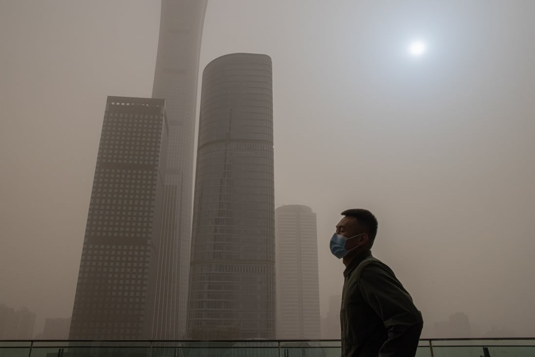 A “blue sun” appears in the sky over Beijing on Sunday after the city was hit by its second sandstorm in less than two weeks. Photo: EPA-EFE