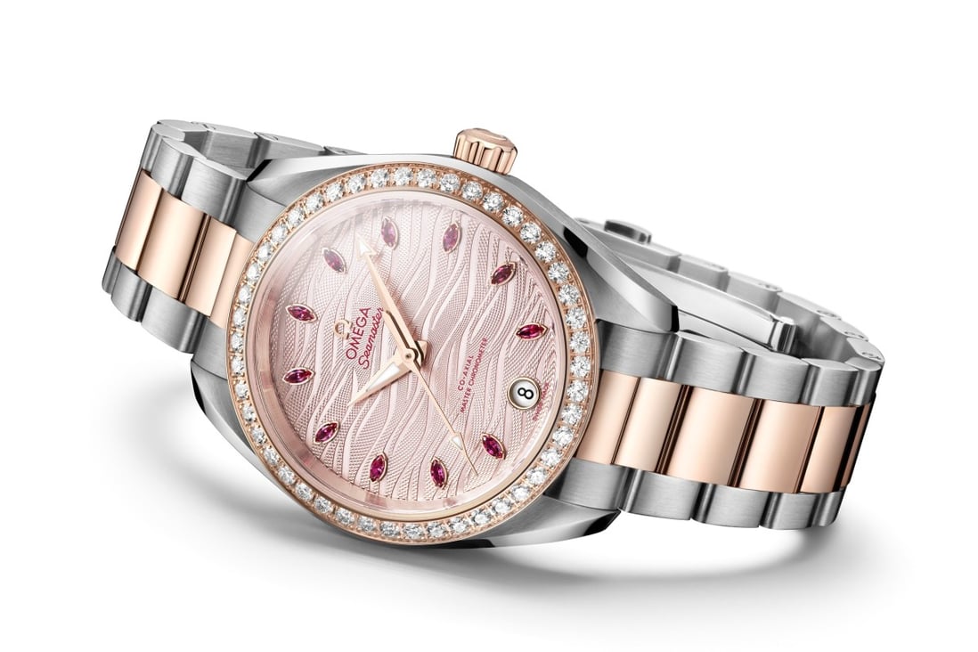 One of the new models in the Seamaster Aqua Terra collection for women features a pale pink dial with marquise-cut rubies used as hour markers. Photo: Omega