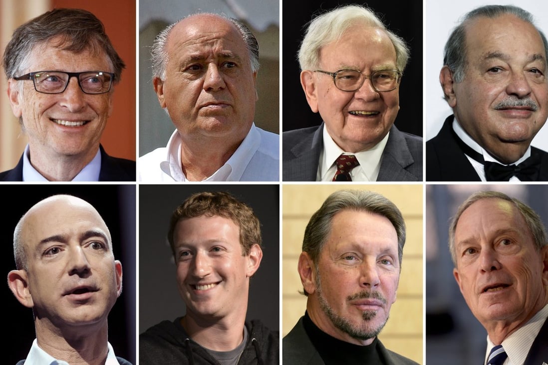 The world’s richest men and most highly compensated CEOs include (from top left) Microsoft founder Bill Gates, Zara owner Amancio Ortega, investor Warren Buffett, Mexican tycoon Carlos Slim, Amazon’s Jeff Bezos, Facebook’s Mark Zuckerberg, Oracle’s Larry Ellison and former New York City mayor Michael Bloomberg. Photo: EPA