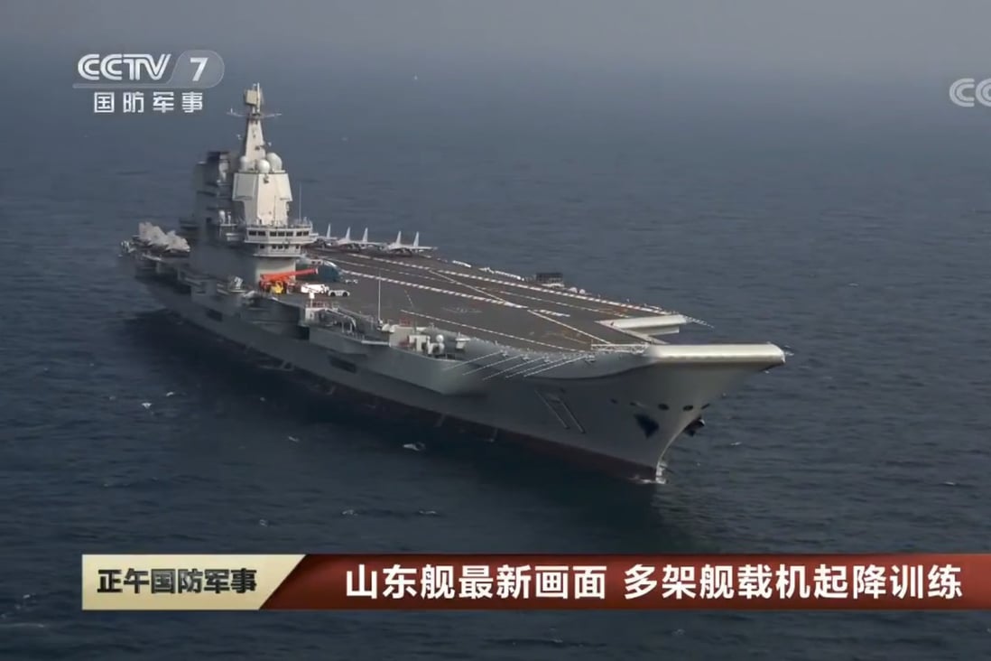 The Shandong is China’s first domestically produced aircraft carrier. Photo: CCTV