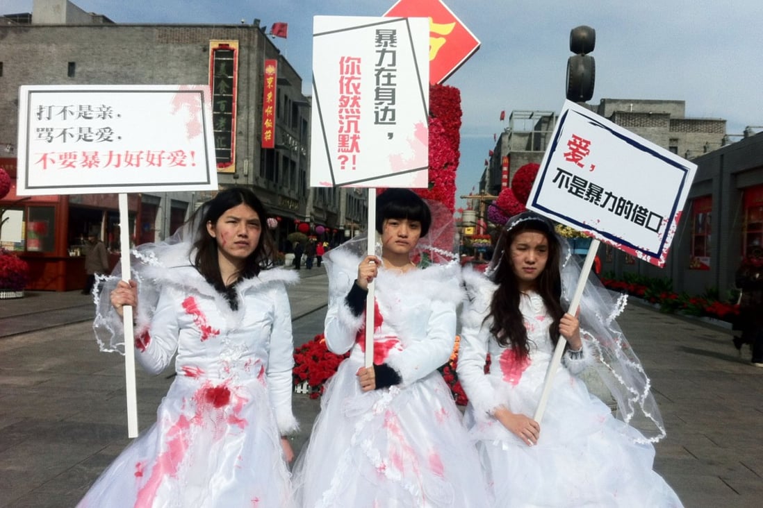 Li Tingting, left, at the Bloody Brides protest in Beijing 2012. Two years later the freedom to carry out such protests appeared to have diminished when two of the “brides” were arrested over another protest.