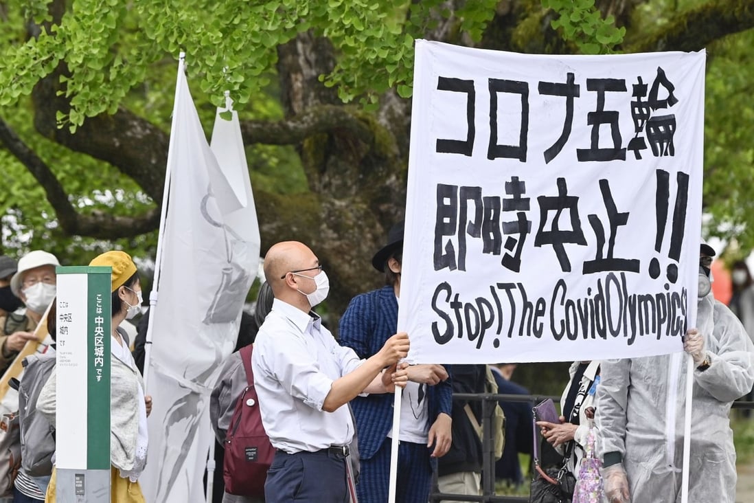 Japanese protesters outside Heiwadai Athletic Stadium in Fukuoka, reflecting concerns about the coronavirus before the Olympic Games. Photo: Kyodo