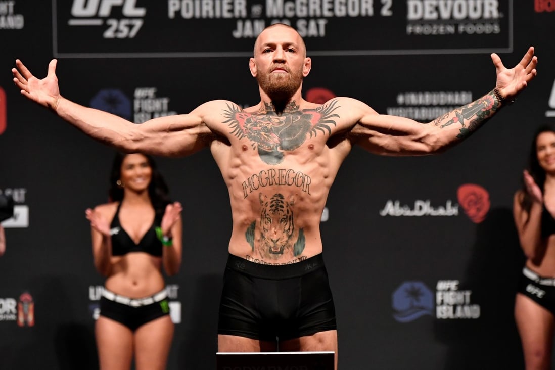 Conor McGregor poses on the scale during the UFC 257 weigh-in at Etihad Arena. Photo: USA Today