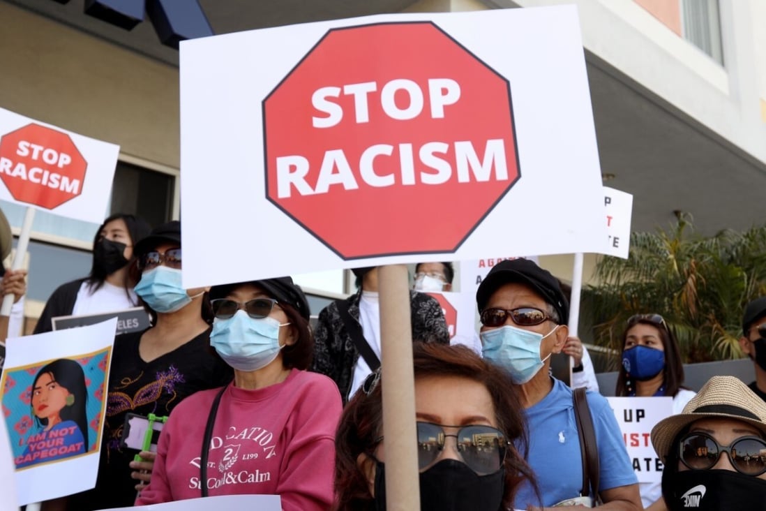 Members of the Thai-American community, along with political leaders and members of law enforcement, participate in a rally against anti-Asian hate crimes in Los Angeles on April 8. Photo: Los Angeles Times via TNS