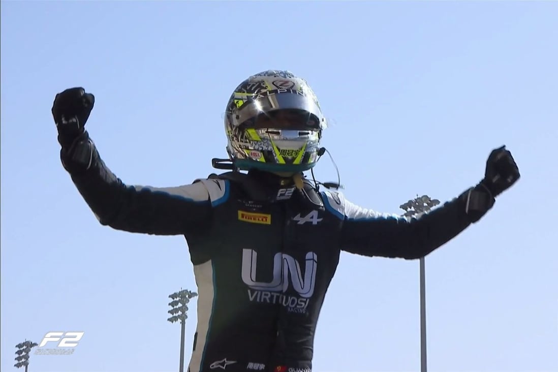 Chinese UNI-Virtuosi Formula 2 driver Zhou Guanyu celebrates winning the first feature race of the 2021 season at the Bahrain International Circuit. He remains at the top of the driver’s standings after the Monaco Grand Prix. Photo: Twitter/@Formula2