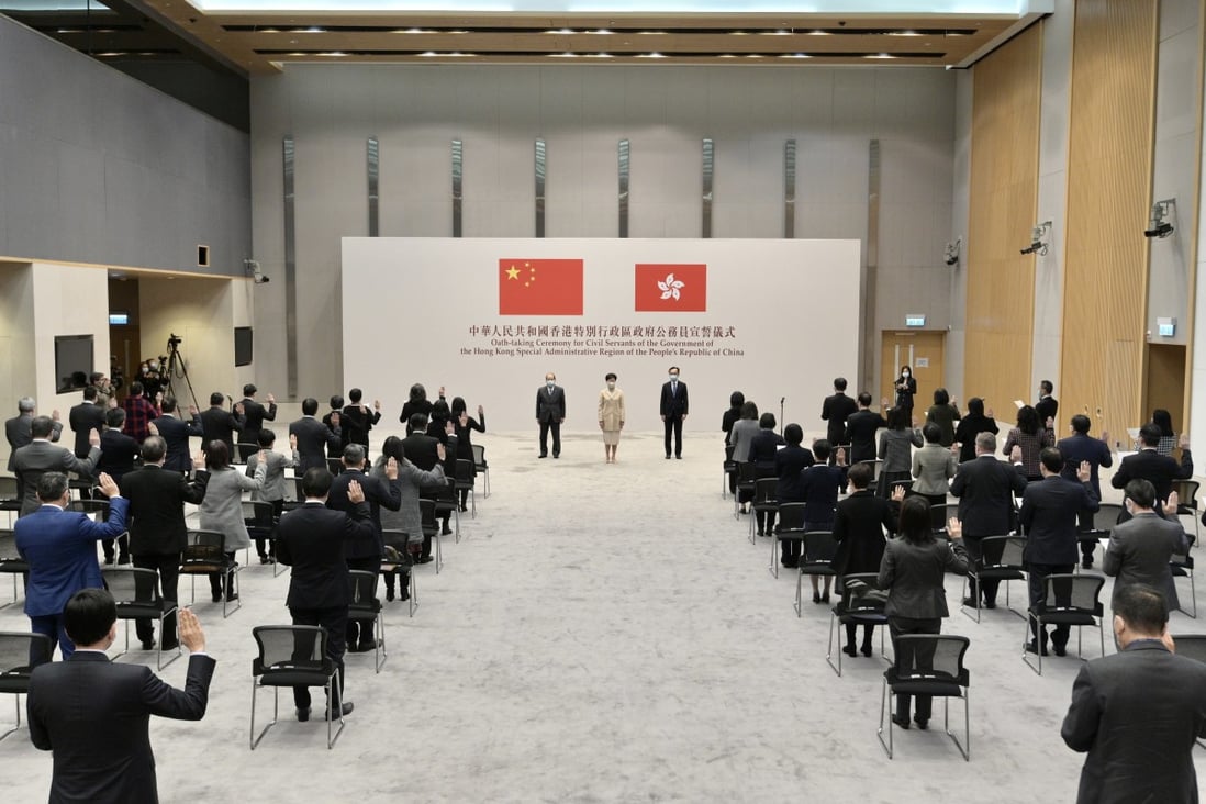 The Government of the Hong Kong Special Administrative Region held an oath-taking ceremony on Dec 18, 2020, for civil servants at the Central Government Offices. Photo: Information Services Department