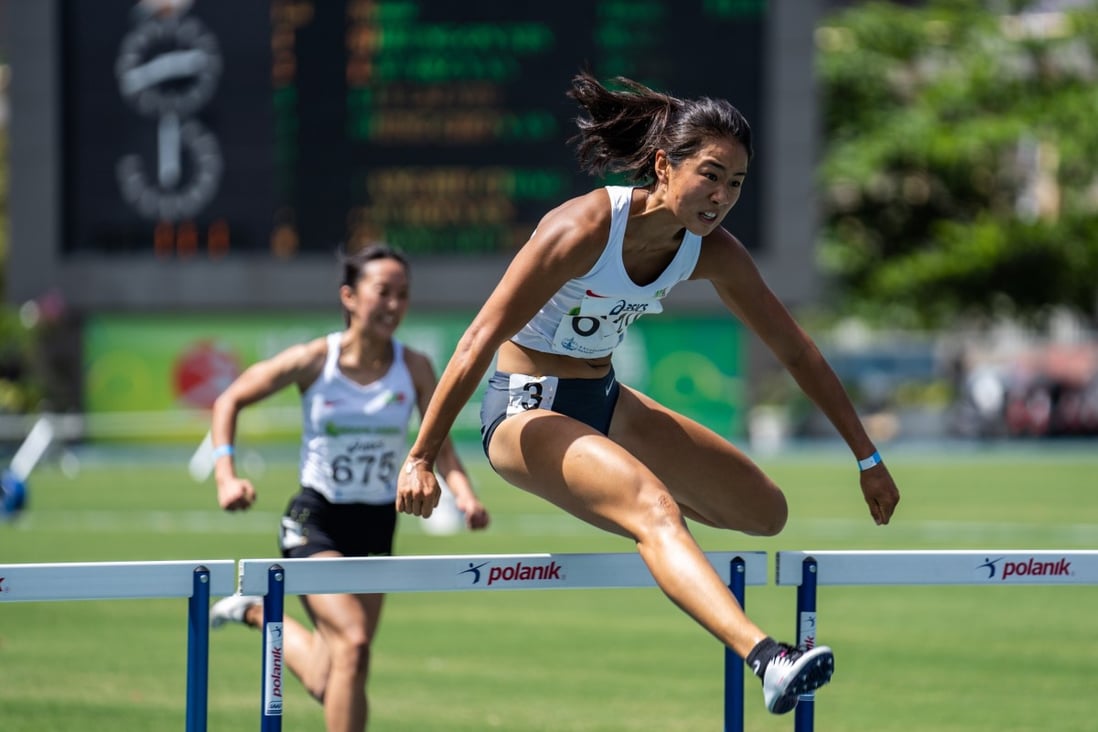 Vera Lui wins the women's 100 metre hurdles in the Athletics Series 3 at Tseung Kwan O Sports Ground. Photo: HKAAA