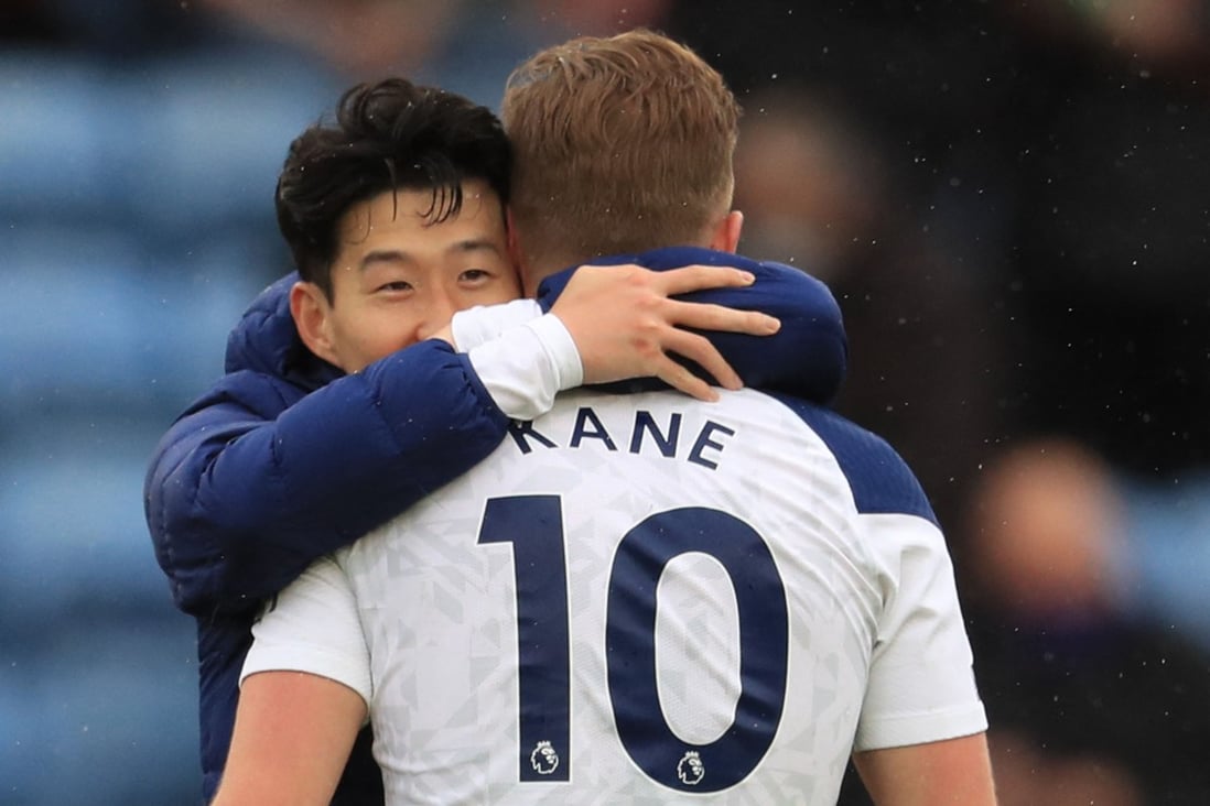 Tottenham Hotspur's English striker Harry Kane is embraced by South Korean striker Son Heung-Min at the end of the English Premier League win over Leicester City. Son’s Olympic dreams rest on his club. Photo: AFP