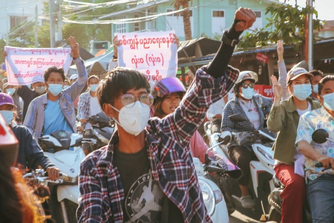 People protest in Mandalay against the military coup. Photo: Social media via Reuters