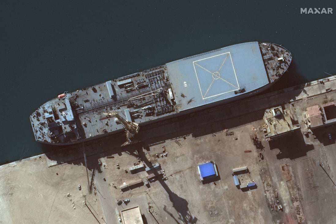 Iranian media has claimed the Makran, which was commissioned this year, can serve as a platform for electronic warfare and special operations missions. Satellite image: Maxar Technologies handout via Reuters