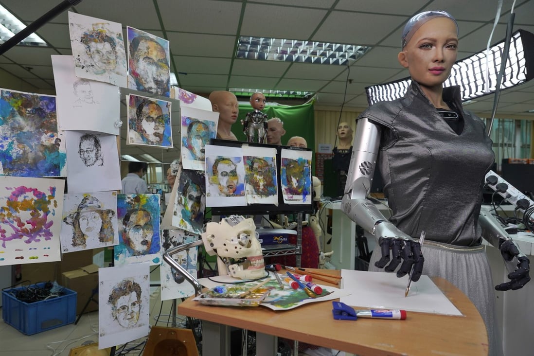 Artwork by the robot Sophia is displayed at Hanson Robotics studio in Hong Kong on March 29. A digital work she created as part of a collaboration was sold at auction for US$688,888 in the form of an NFT. Photo: AP