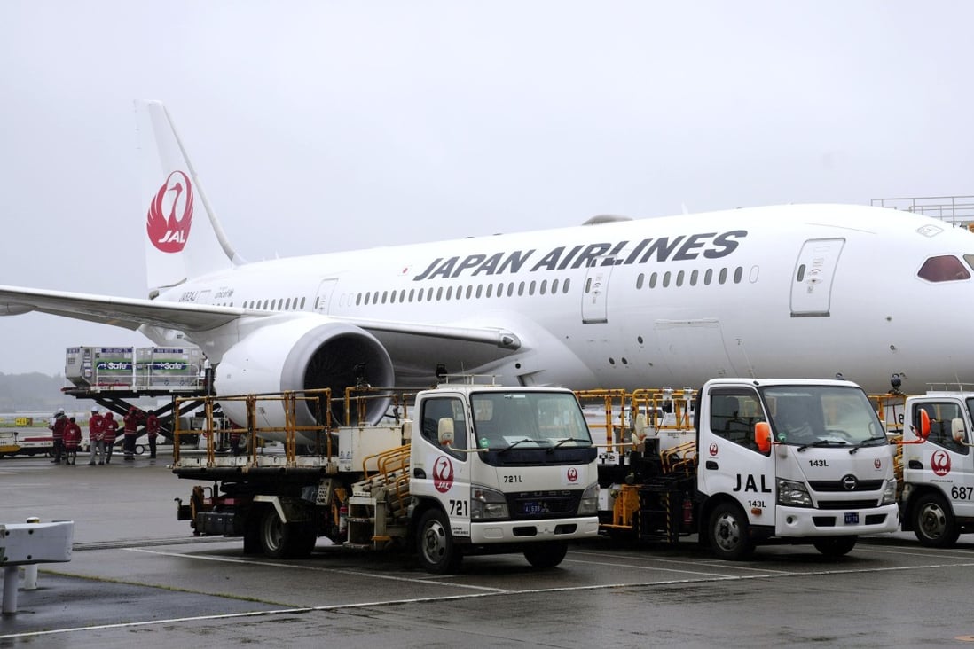 The Japan Airlines plane that carried the vaccines to Taiwan pictured on the tarmac at Narita International Airport. Photo: Kyodo News