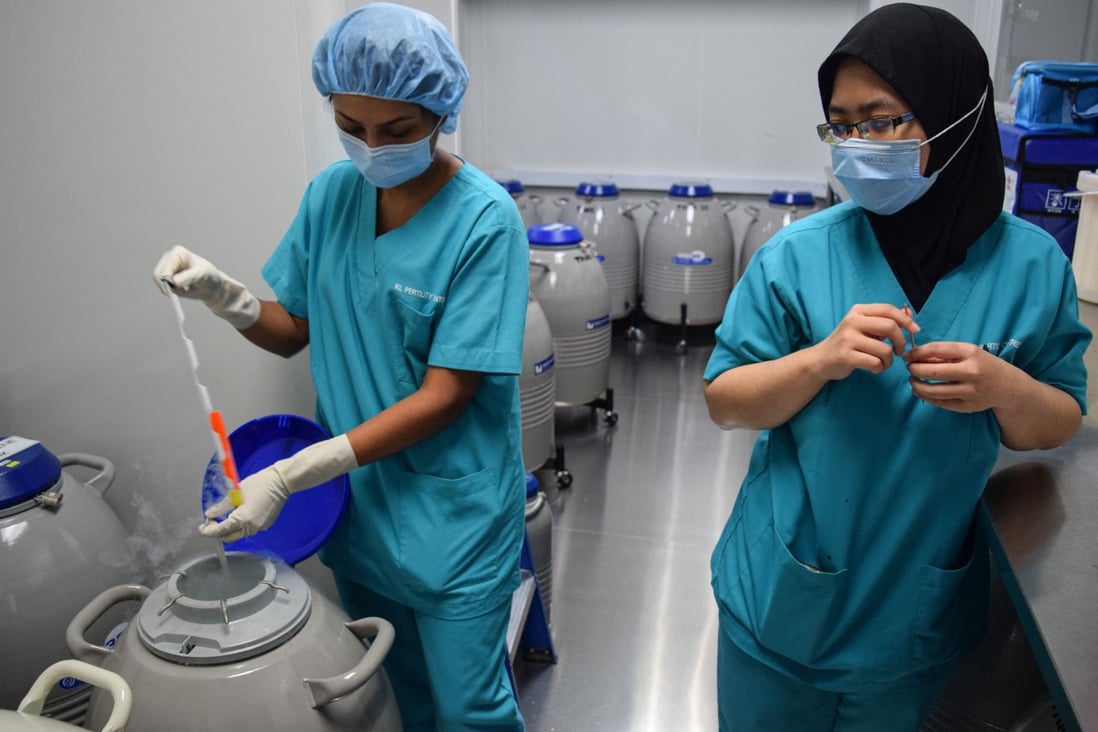 Members of staff at the KL Fertility Centre in Kuala Lumpur demonstrate part of the egg freezing procedure. Photo: AFP
